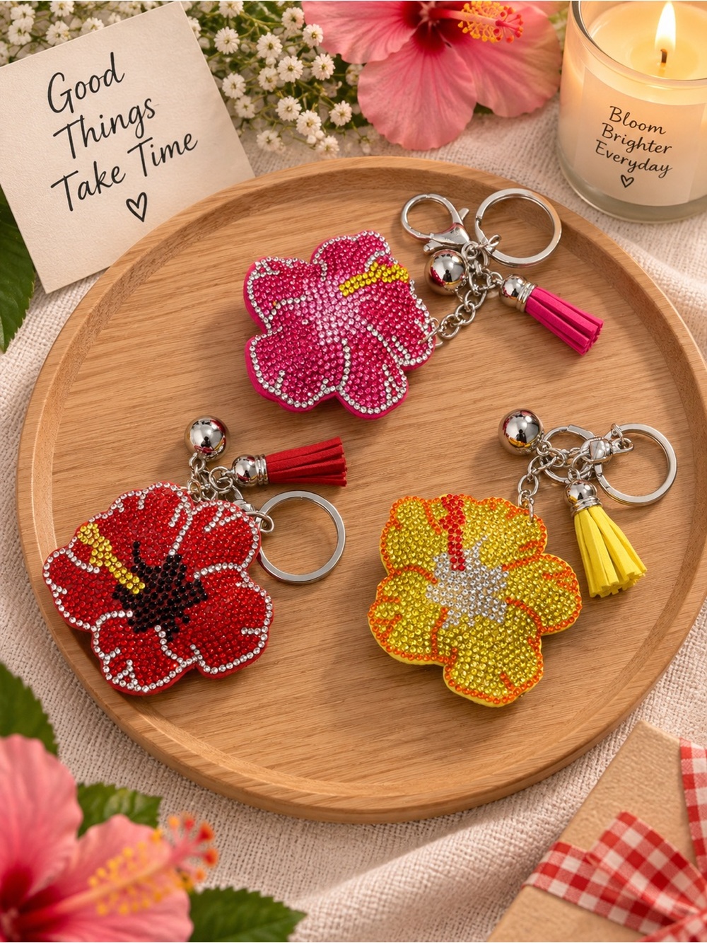 Beaded Flower Keychain Charm - Pink, Red & Yellow